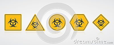 Warning danger yellow sign. Symbol of radiation. Caution toxic biohazard. Various shape yellow signs. Vector Vector Illustration