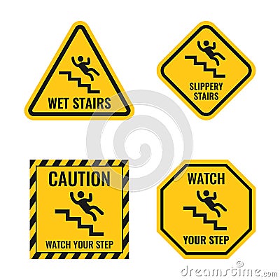Signs of danger falling off the stairs, slippery stairs warning, watch your step notice Vector Illustration