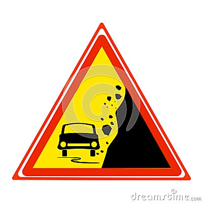 Warning falling rocks sign isolated on white background. Yellow triangle danger sign with car and stones landslide silhouette. Vector Illustration