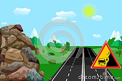 Warning falling rocks sign on road in landscape background. Vector Illustration