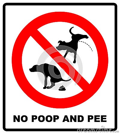 Warning forbidden sign no dog peeing and pooping. Vector illustration isolated on white. Red prohibition symbol for public places. Cartoon Illustration