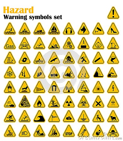 Warning Hazard Triangle Signs Set. Vector illustration. Yellow symbols on white Vector Illustration