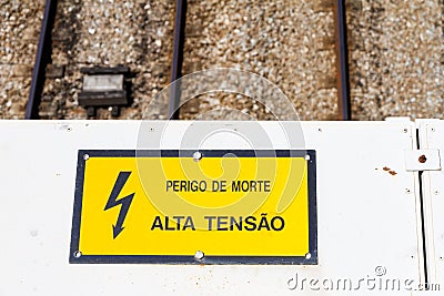 Warning high voltage sign in Portugal Stock Photo