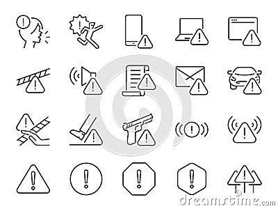 Warning icon set. It included alerts, notifications, caution, alarm, and more icons. Editable Vector Stroke. Vector Illustration
