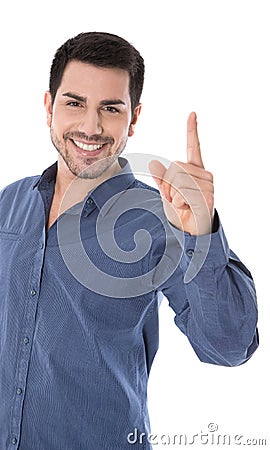 Warning: isolated smiling man pointing with his forefinger Stock Photo