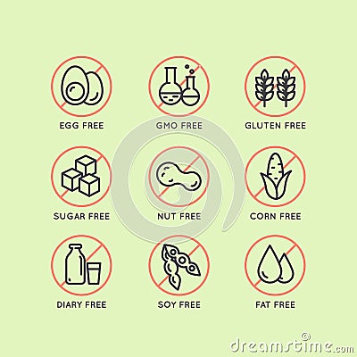 Warning Label Icons. Allergens Gluten, Lactose, Soy, Corn, Diary, Milk, Sugar, Trans Fat. Vegetarian and Organic symbols. Food Int Stock Photo