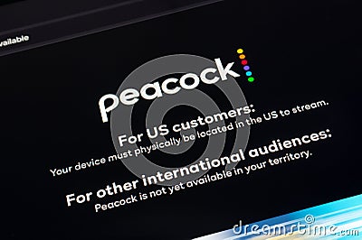 Warning message of Peacock streaming app which is not available due to geoblocking Editorial Stock Photo