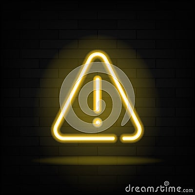 Warning neon text and triangle sign with exclamation mark. Caution design Vector Illustration