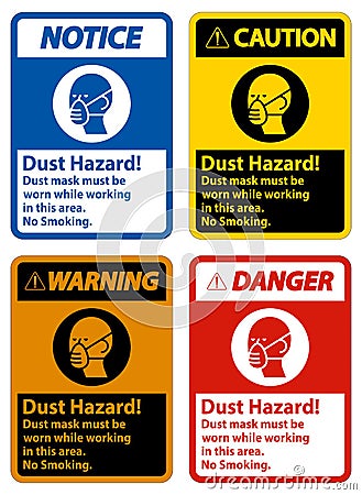 Warning No Smoking Sign Dust Hazard Dust Mask Must Be Worn While Working In This Area Vector Illustration