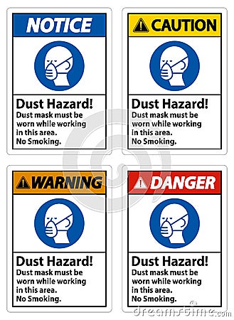 Warning No Smoking Sign Dust Hazard Dust Mask Must Be Worn While Working In This Area Vector Illustration