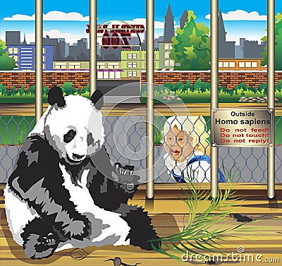 Warning from the panda in a cage. Vector Illustration