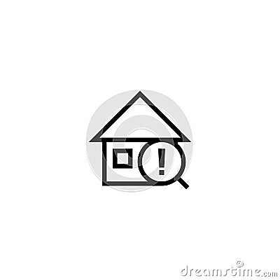 Warning search house icon. home with magnifying glass and exclamation mark symbol. simple clean thin outline style design. Stock Photo