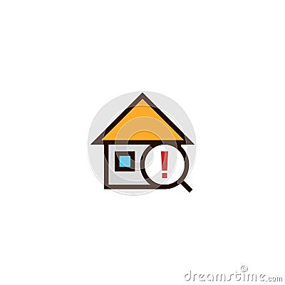 Warning search house icon. home with magnifying glass and exclamation mark symbol. simple clean thin outline style design. Stock Photo