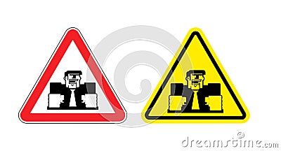 Warning sign of attention angry boss. Dangers yellow sign of violence at work. Ferocious director on red triangle. Set of road si Vector Illustration