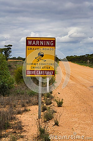 Warning sign for changing conditions on gravel roads Stock Photo