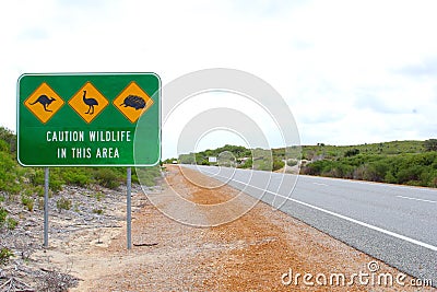 Warning sign for crossing porcupines, emus and kangaroos in Australia Stock Photo