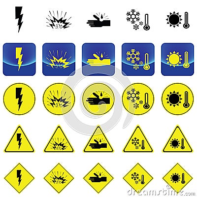 Warning sign for electricity shock, explosive, corrosion, cold, heat vector Vector Illustration