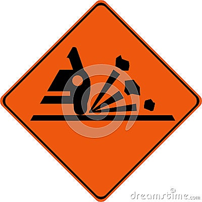 Warning sign with gravel on road Stock Photo