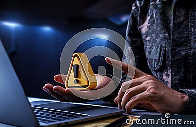Warning sign on hand of soldier, Fake news and information operations Stock Photo