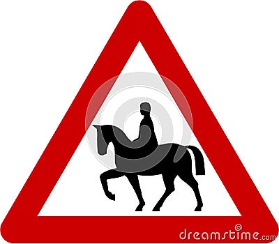 Warning sign with horse riders on road Stock Photo