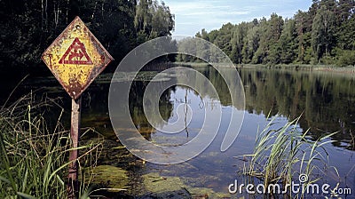 A warning sign near a polluted lake cautioning against swimming or drinking due to acid rain contamination Stock Photo