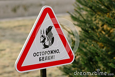 A warning sign with a red frame in the shape of a triangle with the image of a squirrel with a nut, on which the text in Russian Stock Photo