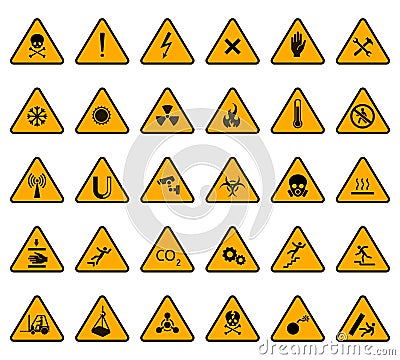 Warning signs. Caution attention warning yellow sign, danger high voltage and biohazard signs triangular vector Vector Illustration