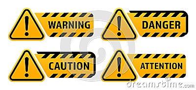 Warning signs with exclamation mark. Warning sign, danger sign, caution sign, attention sign. Vector EPS 10 Vector Illustration