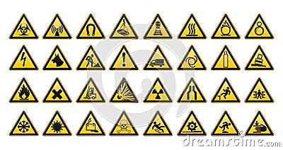 Warning signs large set. Safety in workplace. Yellow triangle with black image. Vector illustration. Vector Illustration