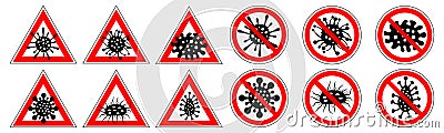 Warning signs and prohibiting signs, set. Cartoon icons of coronavirus COVID-19. Vector illustration Vector Illustration