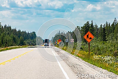 Warning signs before road work zones Stock Photo