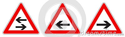 Warning - single/two way traffic sign. Black arrow in red triangle, version with arrow pointing left, right and both ways Vector Illustration