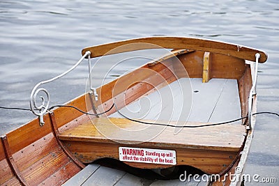 Warning standing on boat will affect stability sign in Lake District safety sign Stock Photo