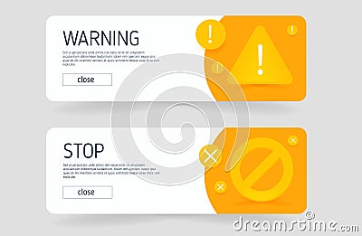 Warning and stop Popup Template. Alerts about dangerous errors, a problem with a virus, or incorrect filling Vector Illustration