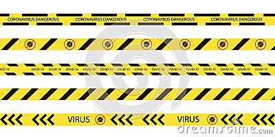 Warning stripes. Virus and coronavirus warning sigh. Stop stripes. Restricted area because of danger. Hazard border sign. Vector Illustration