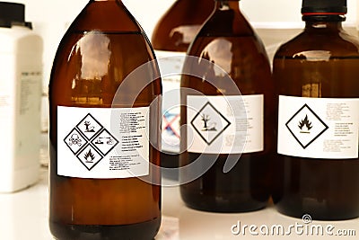 Warning symbol on the chemical bottle , hazardous chemicals Stock Photo