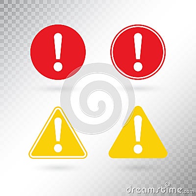 Warning symbol set. Exclamation mark in red circle. Attention button in yellow triangle isolated on transparent Vector Illustration