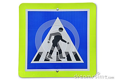 Warning traffic sign, metal reflector pedestrian road sign isolated on white background Stock Photo