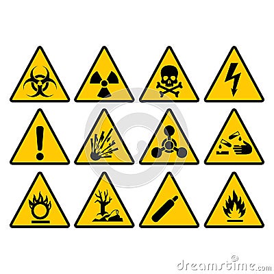 Warning yellow triangle sign set. Warning and hazard vector signs. Vector Illustration