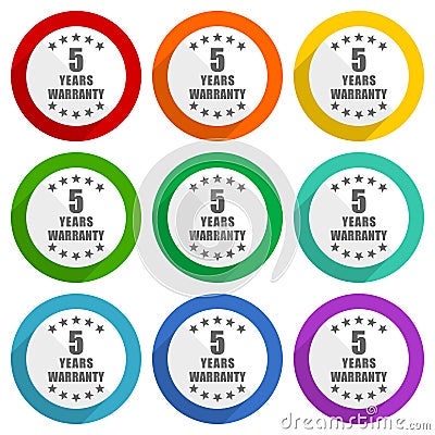 Warranty guarantee 5 year vector icons, set of colorful flat design buttons for webdesign and mobile applications Vector Illustration