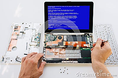 Warranty maintenance of the laptop (pc computer). Windows fatal Stock Photo