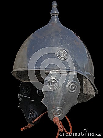 Warrier`s armour helmet on black Stock Photo