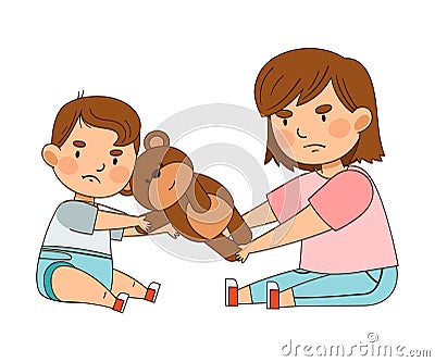 Warring Sister and Her Little Brother Pulling Teddy Bear Apart as Family Relations Vector Illustration Vector Illustration