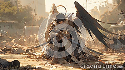 Warrior angels resting after battle or fight. creative AI Stock Photo