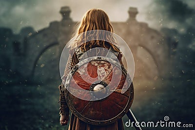 Warrior child girl with sword gaming fictional world. Generate Ai Stock Photo