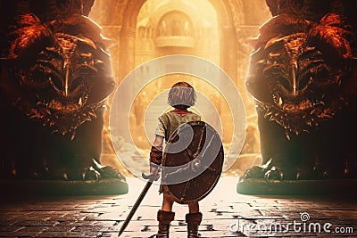 Warrior child sword gaming fictional world. Generate Ai Stock Photo