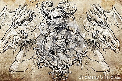 Warrior with dragons, Tattoo sketch Stock Photo