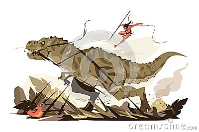 Warrior fighting with dinosaur Vector Illustration