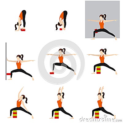 Warrior and forward fold yoga asanas set with props Vector Illustration
