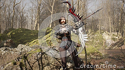 Warrior girl aims and shoots a bow at the enemy in the morning forest. The girl was created using 3D computer graphics Stock Photo
